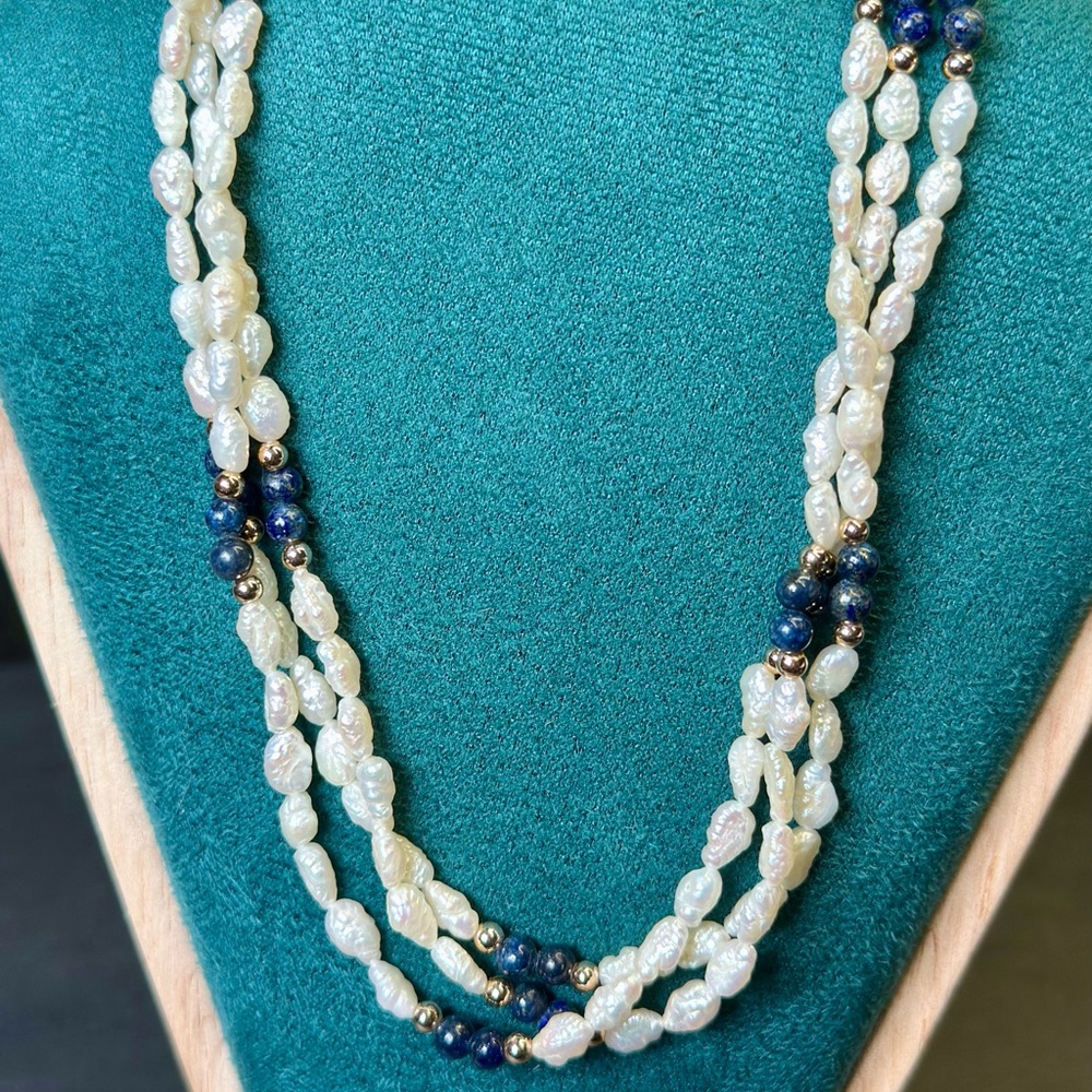 1950s Rice Pearl Lapis Lazuli Necklace